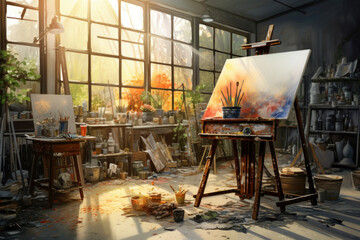 Artistic equipment in a artist studio. Artist canvas on wooden easel and paint brushes - obrazy, fototapety, plakaty