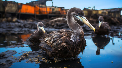 Fototapeta premium dirty bird affected by nature pollution, environment, garbage, oil, landfill, waste, ecology, saving nature, global disaster, animal death, trash, waste