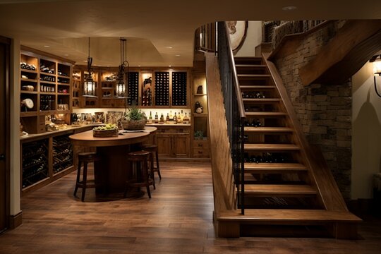 create a room with a staircase leading to a wine testin