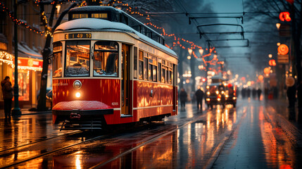 Downtown Christmas Magic: A Bustling City Street with Adorned Shops, Festive Windows, and Gleaming Christmas Streetcar. Generative AI.