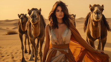 Indian fashion model as camel handler girl walking on the Jaisalmer dunes and desert