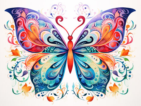 Watercolor illustration of multicolored fantesy butterfly on white background