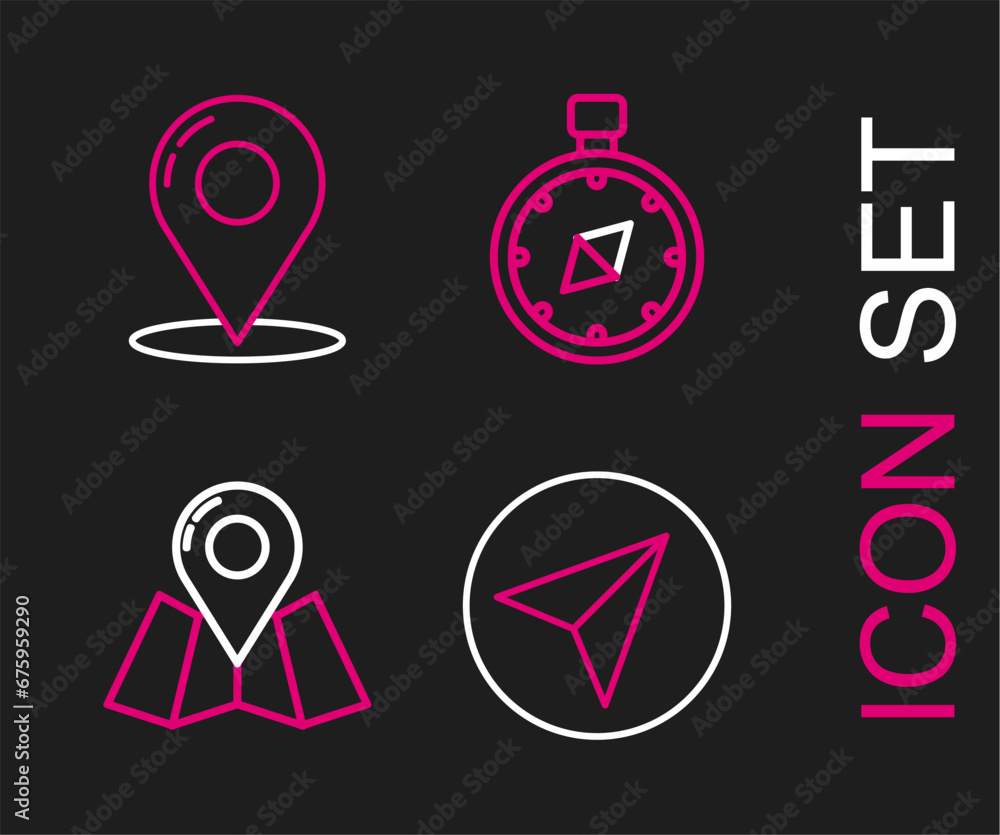 Poster set line paper airplane, folded map with location marker, compass and map pin icon. vector