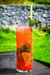 Close-Up Cocktail. Perfect for menus, social media posts, or any design that craves a touch of sun-soaked sophistication. Selective focus. Bar and restaurant concept.  Selective focus.