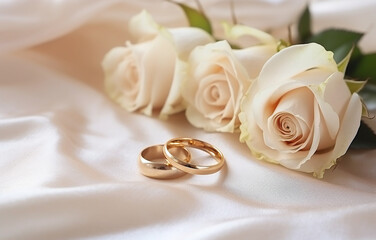 Two golden wedding rings on napkin with rose, candle decor. Wedding, marriage concept