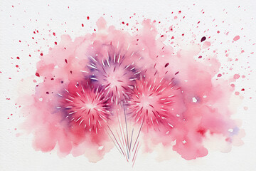 Pretty pink loose watercolour style illustration of fireworks, on a watercolour wash background, great for social media, website headers, cards and invitations. 