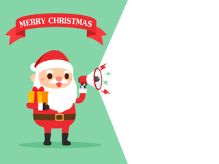 Christmas flat cartoon Cute Santa Claus hold a megaphone speaker with empty space isolated white background. Vector illustration for banner, template, and poster.