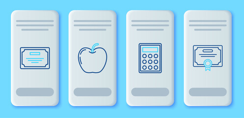 Set line Apple, Calculator, Certificate template and icon. Vector