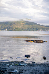 Realistic vertical landscape of scandinavian bay of north sea