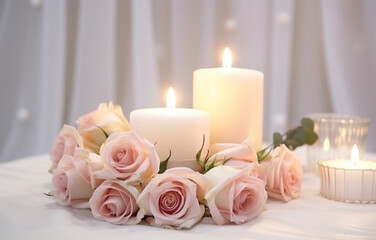 Obraz na płótnie Canvas pink roses and candles, wedding decor