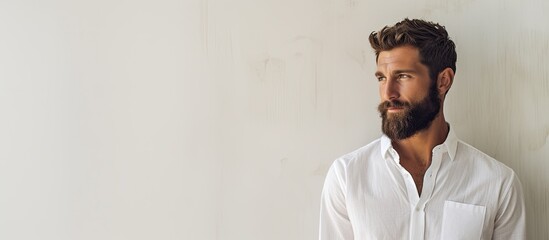 The young man with a beard dressed in a white shirt stands against a white wall as the background his portrait showcasing the beauty of his face and the textured fashion in which he embodies
