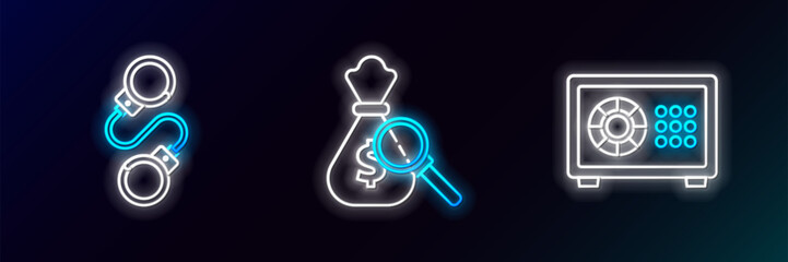 Set line Safe, Handcuffs and Money bag magnifying glass icon. Glowing neon. Vector