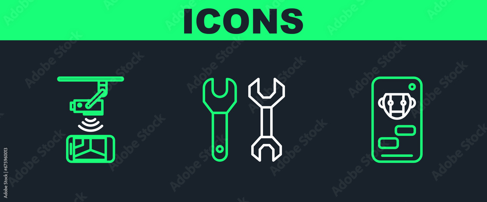 Poster set line bot, wireless controlling cctv security camera and spanner icon. vector