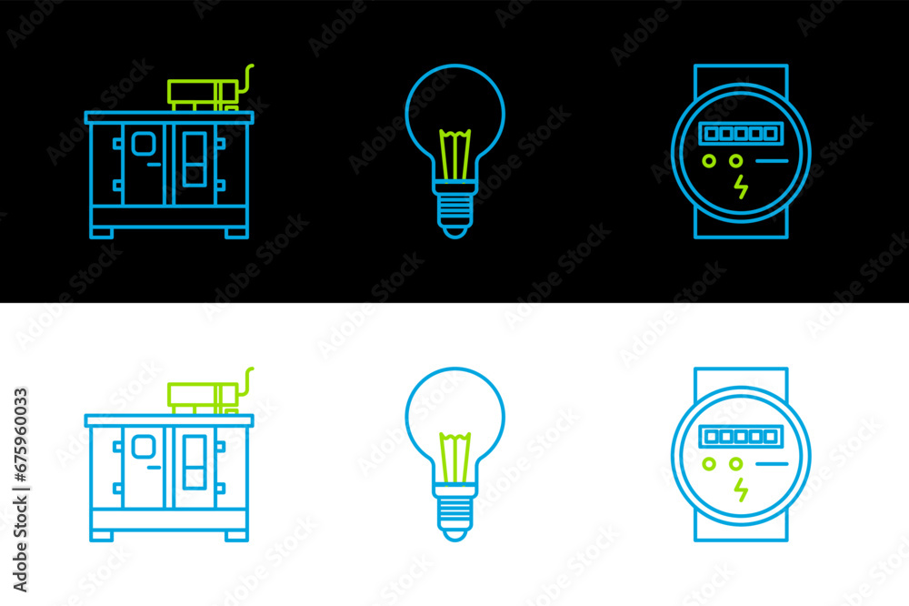 Poster set line electric meter, diesel power generator and light bulb with concept of idea icon. vector