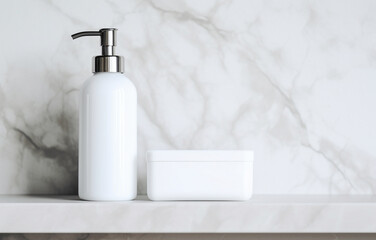 Obraz na płótnie Canvas Soap, shampoo bottles on white marble sink shelf in light bathroom
