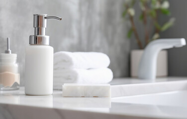 Fototapeta na wymiar Soap, shampoo bottles on white marble sink shelf in light bathroom