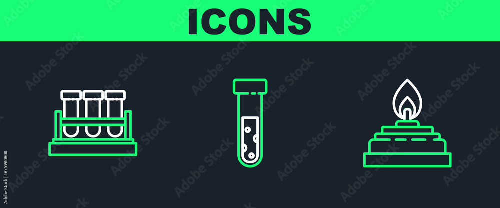 Wall mural set line alcohol or spirit burner, test tube and flask chemical and icon. vector