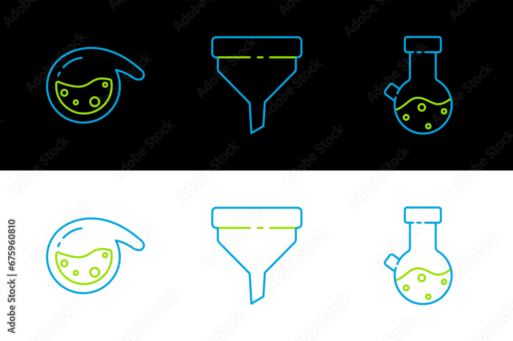 Poster set line test tube and flask chemical, and funnel or filter icon. vector