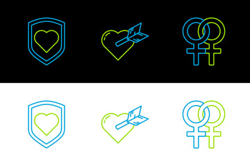 Set line Female gender symbol, Heart with shield and Amour heart and arrow icon. Vector