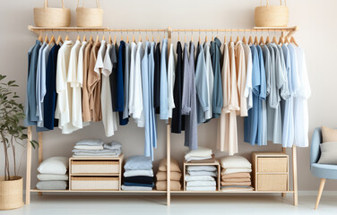 white, beige and blue clothes lay on shelves and hang on wooden hangers in a large white wooden closet
