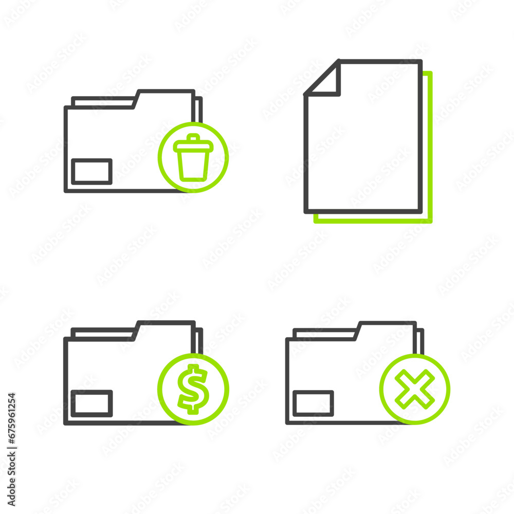 Poster set line delete folder, finance document, document and icon. vector