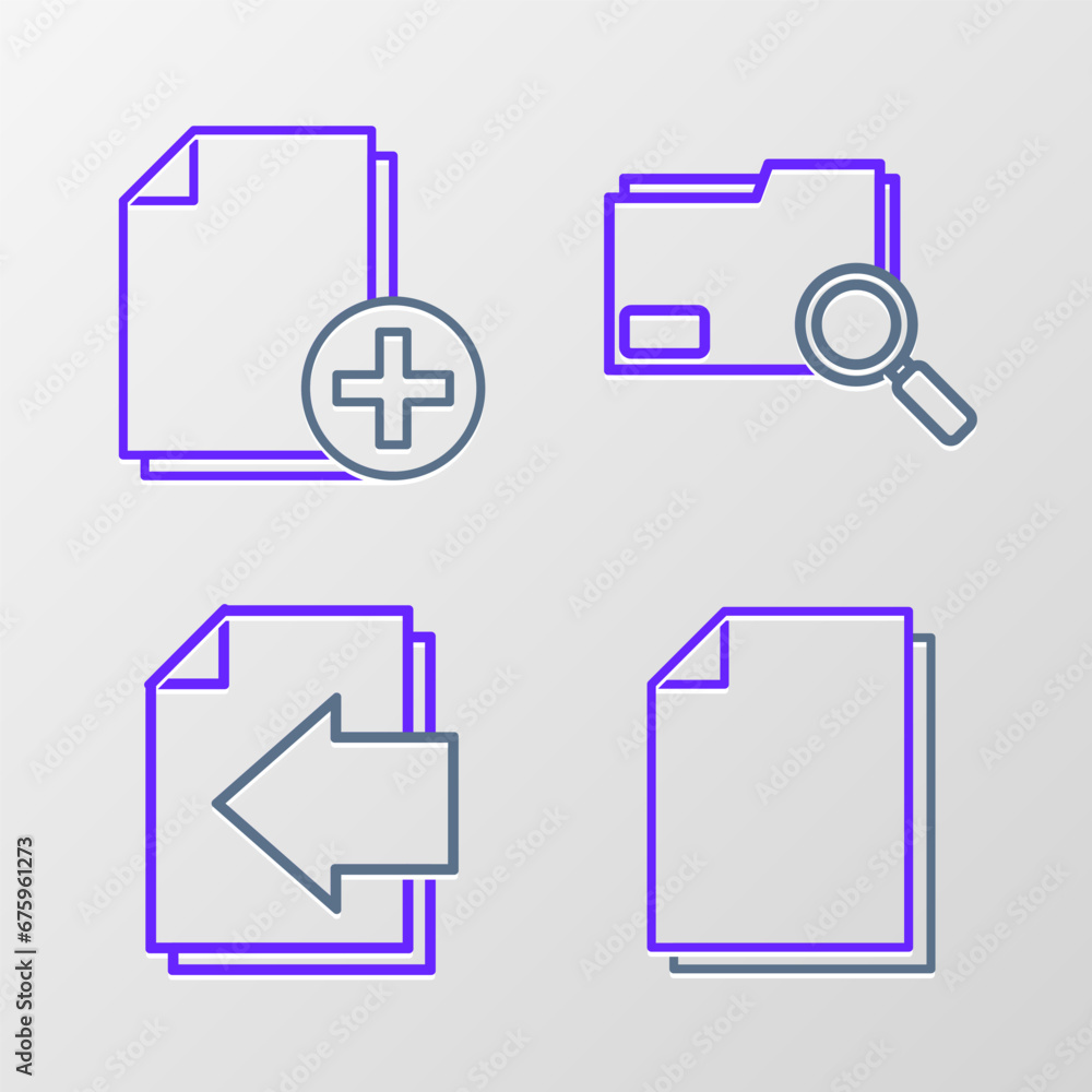 Poster set line document, next page arrow, search concept with folder and add new file icon. vector