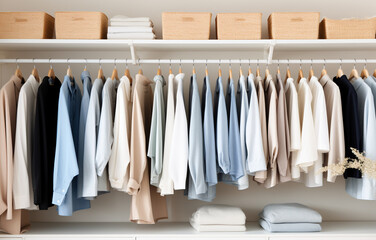 white, beige and blue clothes lay on shelves and hang on wooden hangers in a large white wooden closet
