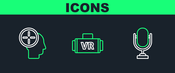 Set line Microphone, Head hunting concept and Virtual reality glasses icon. Vector