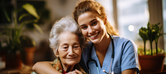 Tender Moment Between Home Care Worker and Senior Patient - obrazy, fototapety, plakaty