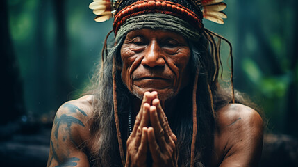 Elderly indigenous shaman of Cofan nationality praying with his hands joined in Amazon rainforest