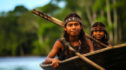 Local Quechua tribe teenagers in the Ecuadorian Amazon on a canoe on the river Napo
 - obrazy, fototapety, plakaty