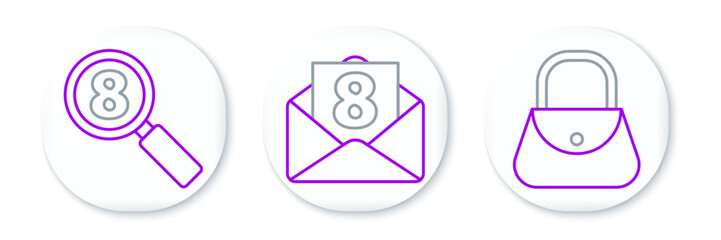 Set line Handbag, Search 8 March and Envelope with icon. Vector