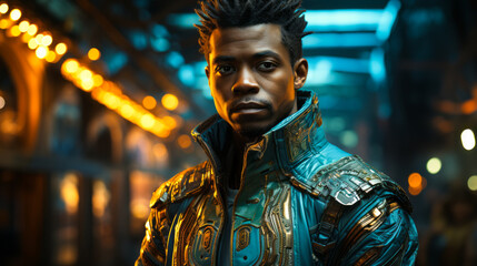 Obraz premium Futuristic Elegance: Dark-Skinned Man in Light Gold and Teal, Cyberpunk Royalty