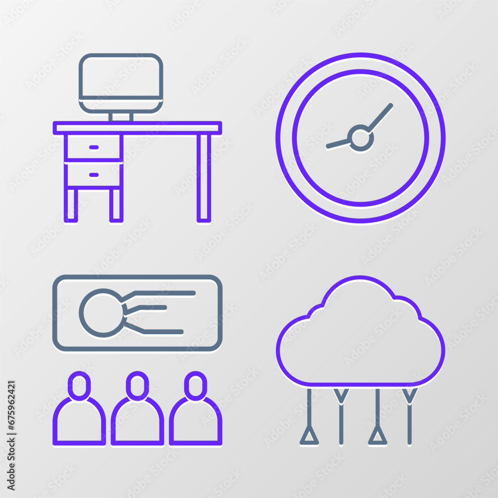 Poster set line network cloud connection, training, presentation, clock and computer monitor and desk icon.