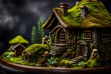 Obraz premium Miniature fairy house, moss, resin decor, miniature model making