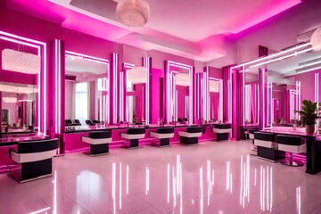 Modern beauty salon with places for makeup artist and hairdresser, big stylish mirrors, pink interior. Modern beauty salon with places for makeup artist and hairdresser, big stylish mirrors, pink inte - obrazy, fototapety, plakaty