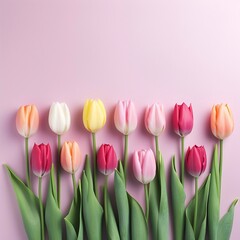 Bouquet of tulips on a pink background. Generative AI