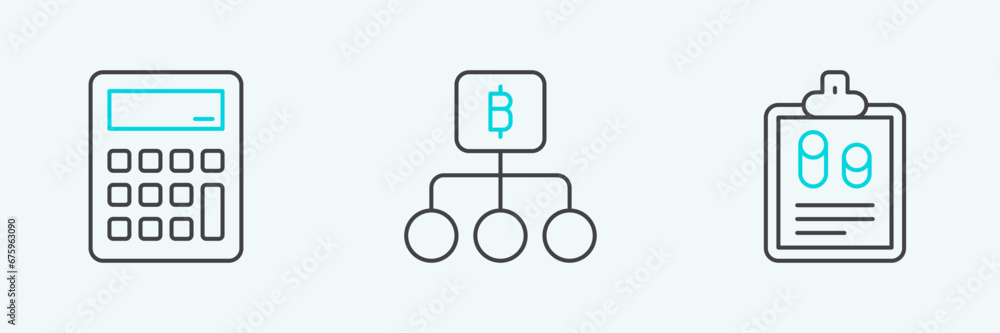 Poster set line business finance report, calculator and blockchain technology bitcoin icon. vector