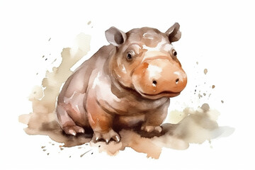 watercolor painting illustration of cute little hippo isolated on a white background , generative AI
