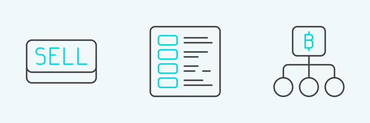Set line Blockchain technology Bitcoin, Sell button and Business finance report icon. Vector