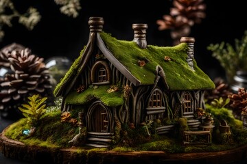 Miniature fairy house, moss, resin decor, miniature model making