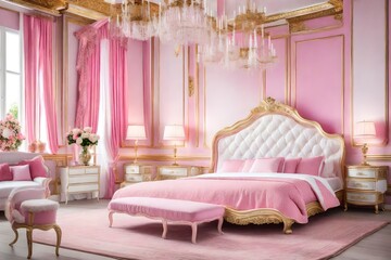 Doll like room. Big comfortable royal bed with pillows in luxury bedroom interior. Female bedroom in pink and white colors. romantic style