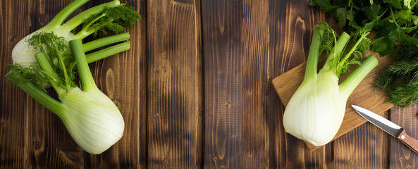 Fennel on the wooden background. Top view. Copy space. Close-up.