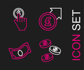Set line Coin money with dollar, Stacks paper cash, Financial growth and pound and Hand holding coin icon. Vector
