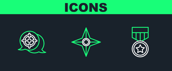Set line Military reward medal, Target sport and Japanese ninja shuriken icon. Vector