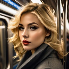 The girl on the train at night. The girl looks out of the train window at the night city.