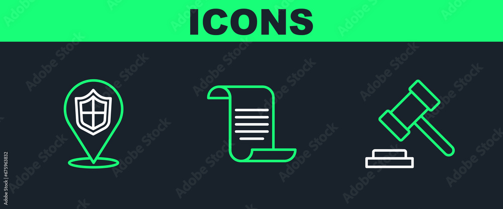 Poster set line judge gavel, location shield and document with icon. vector