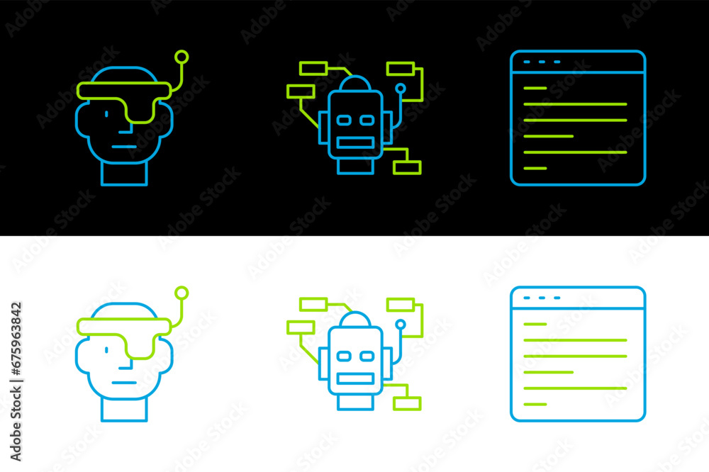 Poster set line computer api interface, smart glasses and robot icon. vector