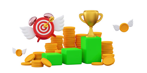 3d flying clock with dartboard, arrow hitting dartboard target Champion cup wings Trading graph © JulsIst