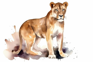 Obraz premium watercolor painting illustration of Majestic and proud lioness on a white background , generative AI